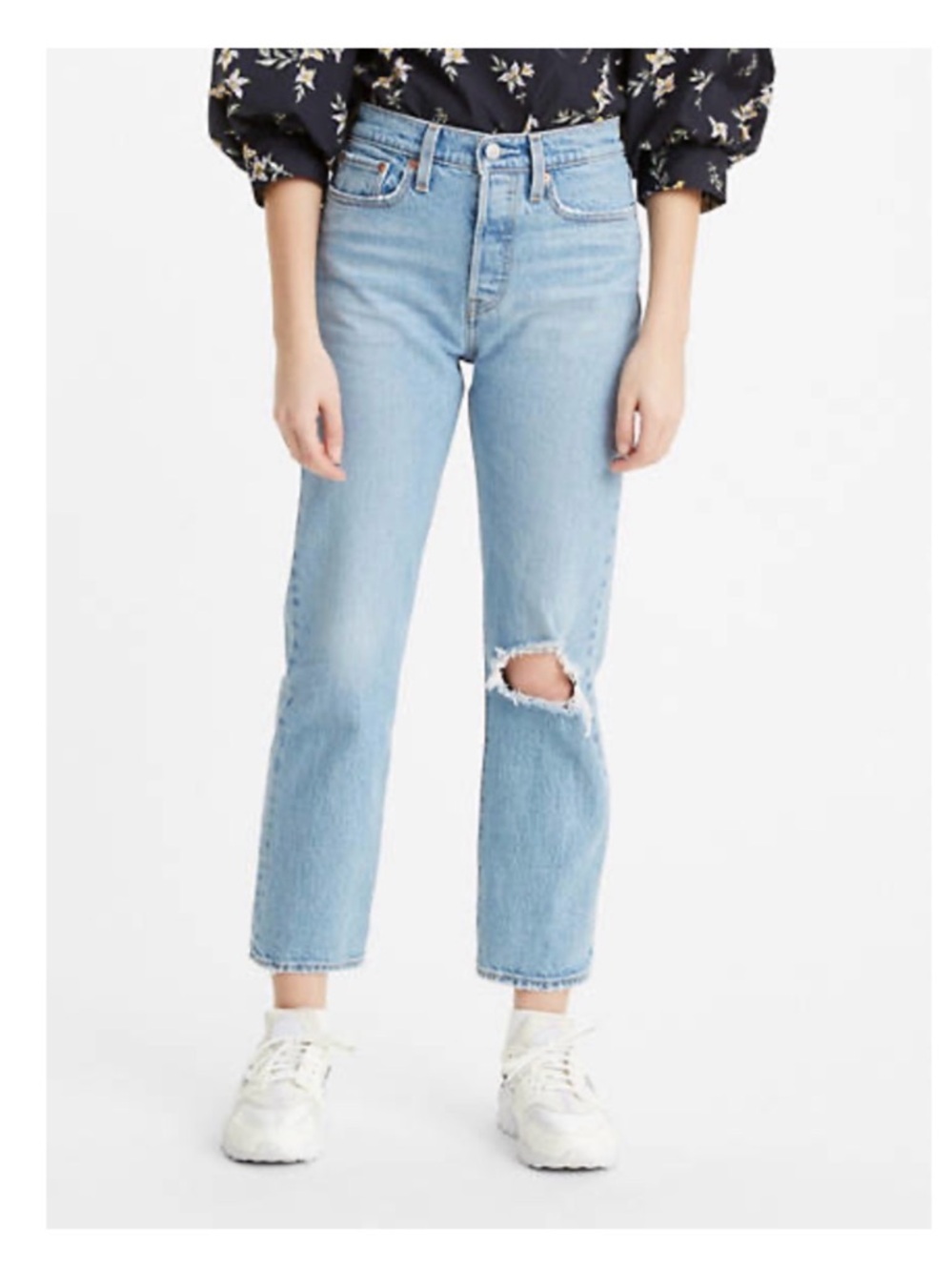Levi's Light Blue High-Rise Cropped Straight Jeans with Knee Rip